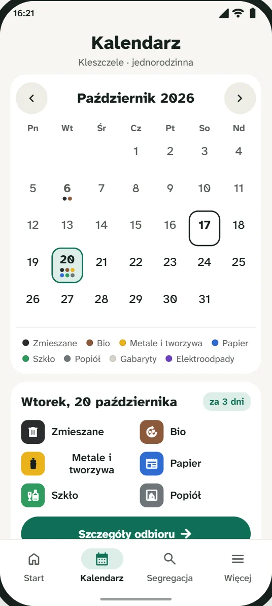 Ekran kalendarza z terminami odbioru w kolorach frakcji